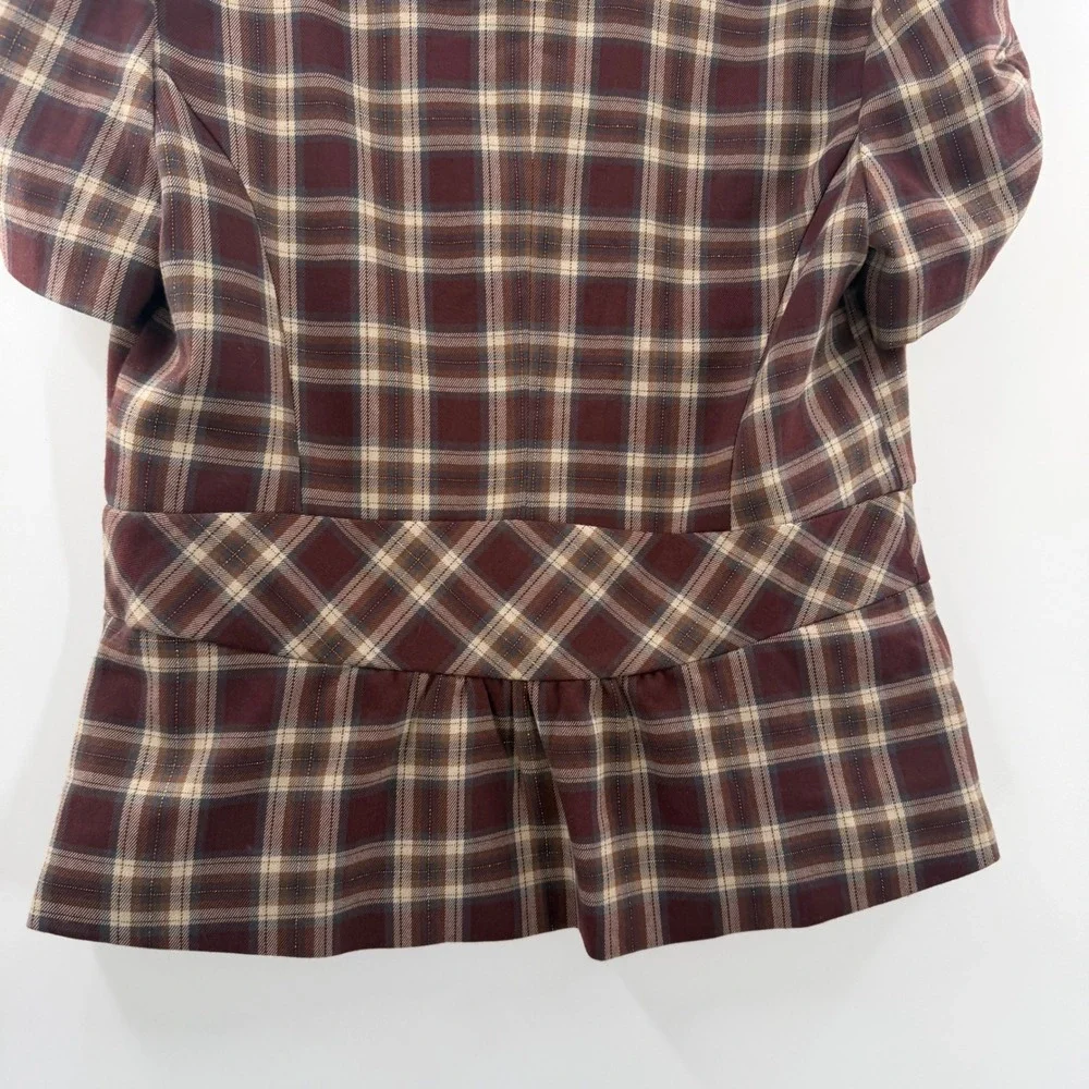 Stooshy Womens Plaid Y2K Short Sleeve Blazer Burgundy Brown Metallic Gold Large - Picture 11 of 12